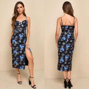Lulu's Vivid Beauty Black Floral Jacquard Sleeveless Bustier Midi Dress Party